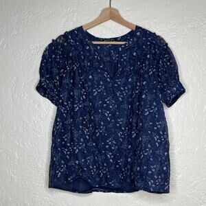 Decker Women's Navy Blue Floral Peasant Short Balloon Sleeve Blouse Size Medium